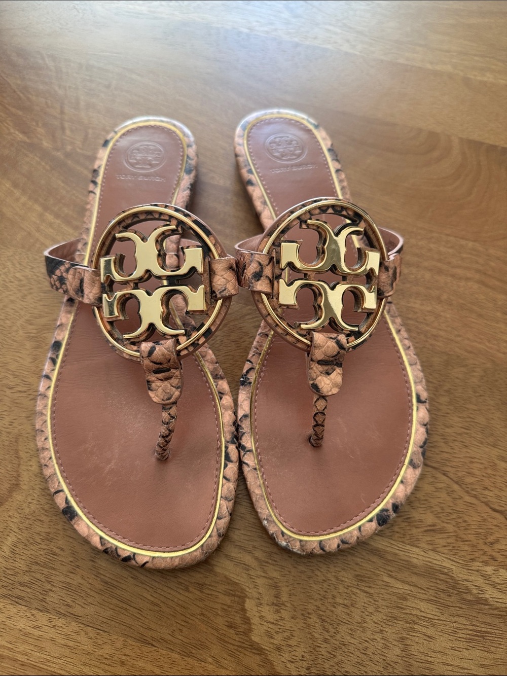 Tory Burch Pink Snake-Print Miller Thong Sandals with Gold Logo